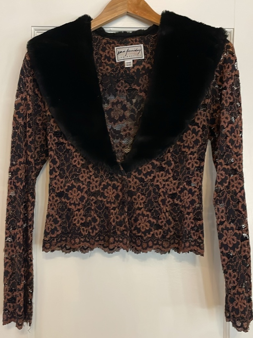 Ann Ferriday Los Angeles  Black & Brown Lace Jacket with Faux Fur Collar OS